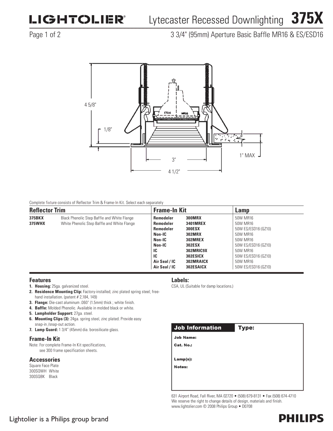 Lightolier 375X specifications Lytecaster Recessed Downlighting , 4 95mm Aperture Basic Baffle MR16 & ES/ESD16 